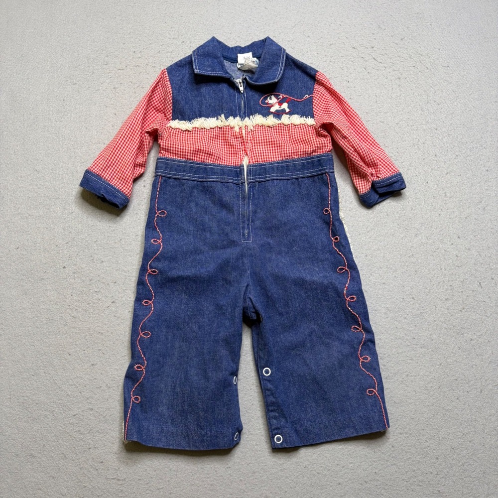 Toddle Tyke Coverall Kids 9M Blue Red Gingham Western Vintage 80s Rocking Horse